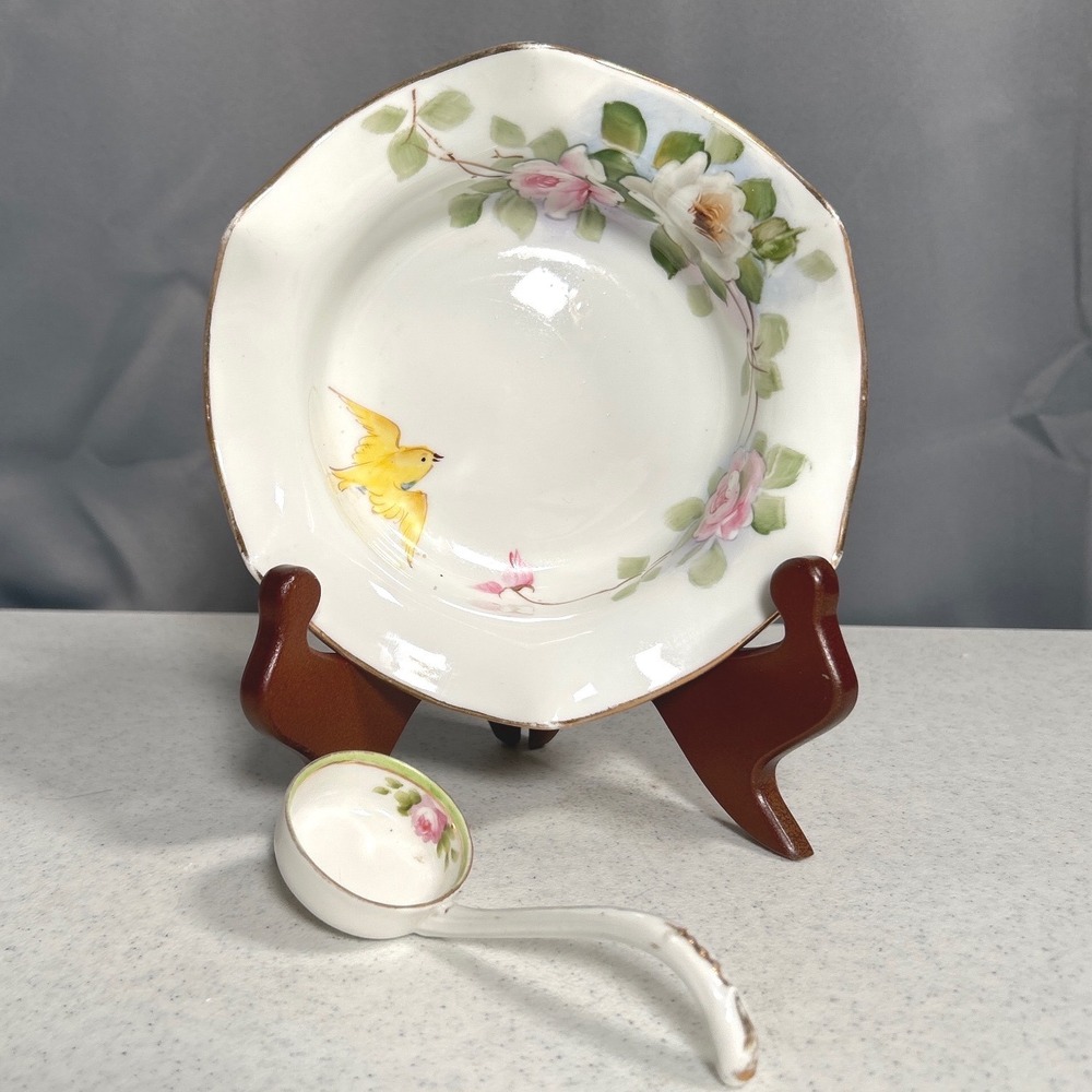 Nippon Hand Painted Porcelain Mayonnaise Pranut Bowl Ladle Yellow Bird Rose Vtg